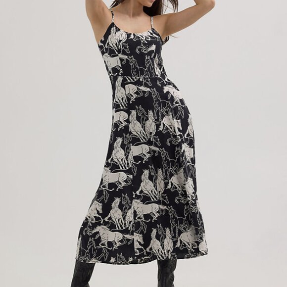 BLACK WHITE HORSE WESTERN TANK MAXI DRESS WITH SIDE SLIT L - Picture 3 of 6